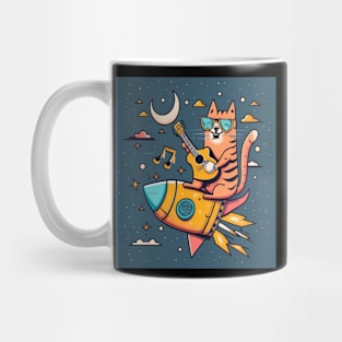 cat playing guitar on rocket Mug